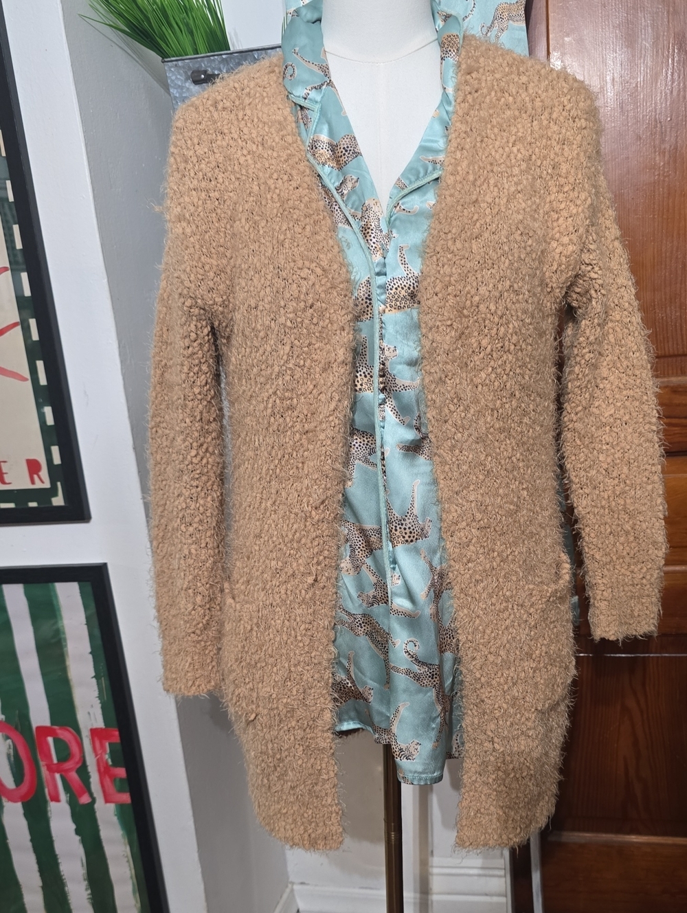 Cozy Open-Front Bouclé Sweater Cardigan in Camel Small Love Tree